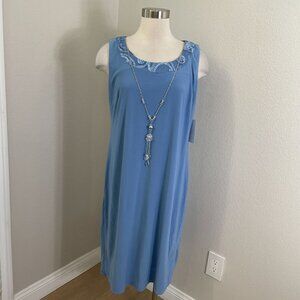 NEW R&M Richards Womens 14 Blue Sleeveless Dress With Necklace Stretch